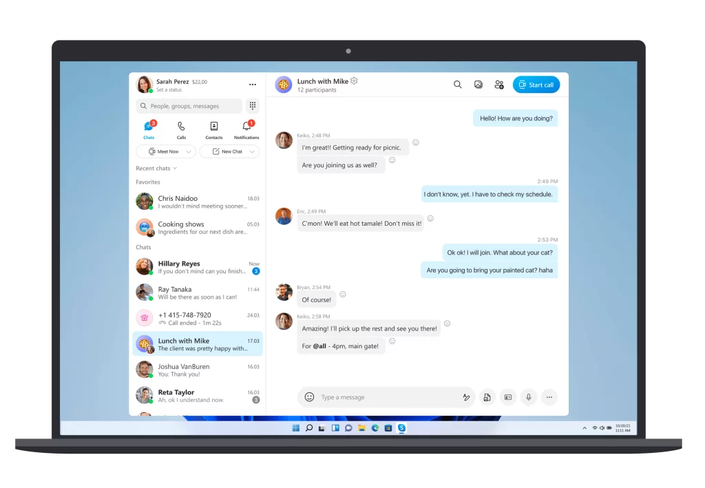 Skype现代化聊天界面，展示文字消息、表情和文件传输功能