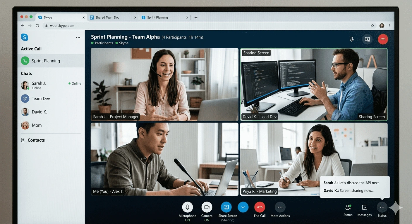 Skype网页版在浏览器中的使用界面，展示聊天和通话功能